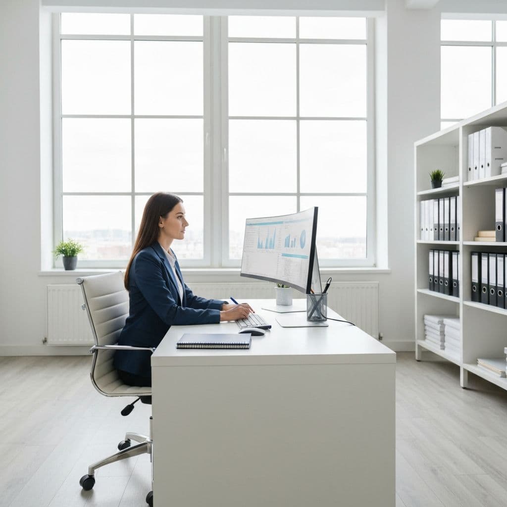 Professional accounting consultant reviewing financial reports in a bright modern office