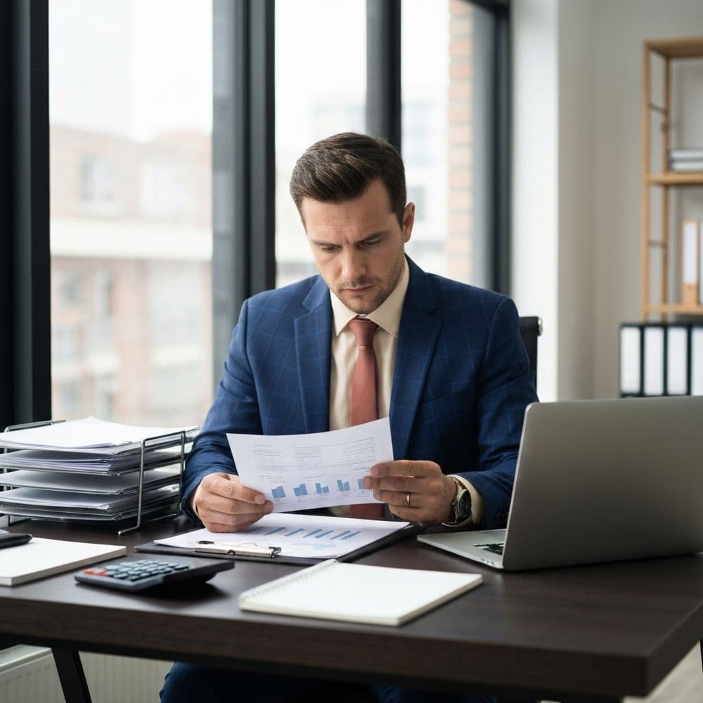Senior financial consultant reviewing tax documents in a well-lit office