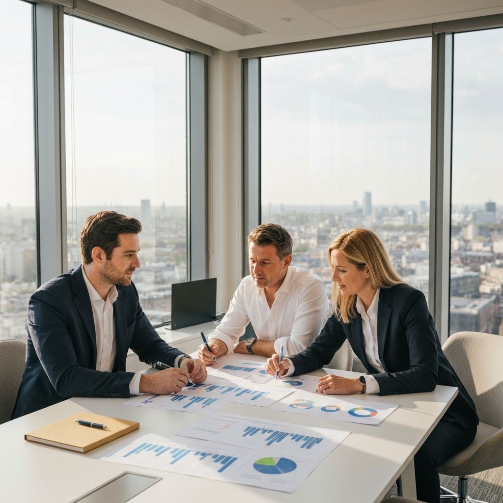 Executive team discussing business strategy in modern boardroom