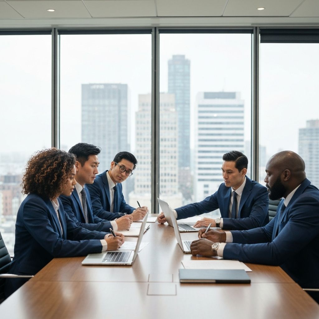 Executive advisory meeting discussing strategic business decisions in corporate setting